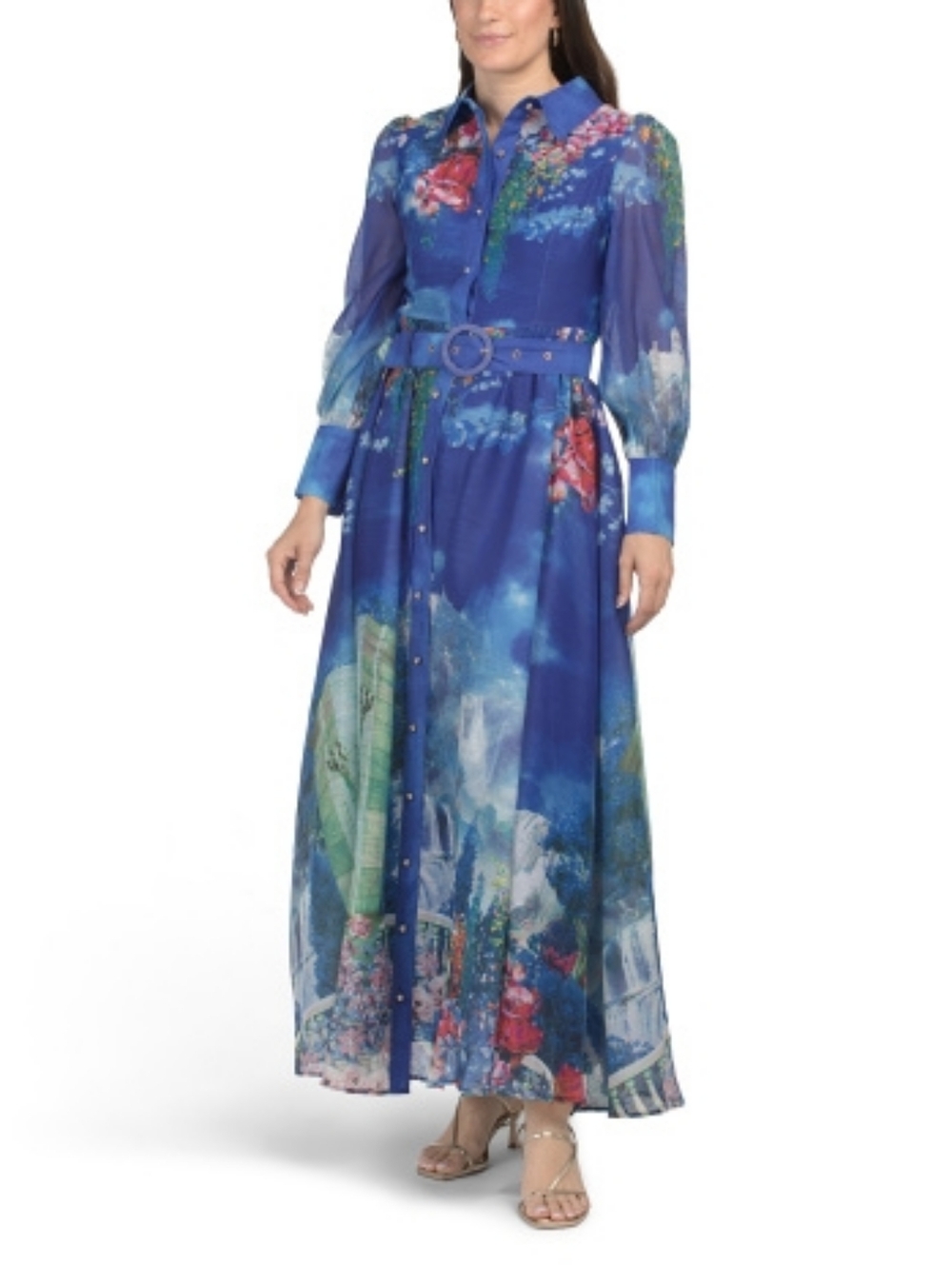 NWT DALIA MCPHEE Long Sleeve Garden Print Mock Neck Blue Maxi Dress Sz Medium